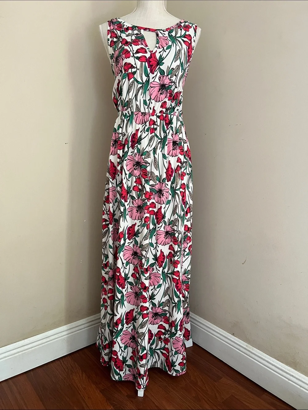 French Grey White Maxi Dress with Pink & Red Floral Print - Picture 1 of 9